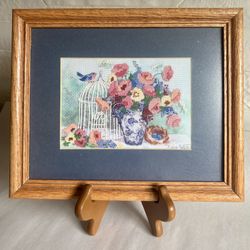 Vintage Wood Framed Barbara Mock’s “Birdcage Floral” Cross-Stitch Artwork