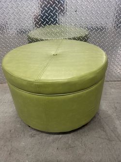 Round Green Leather Storage Ottoman