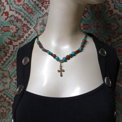Handcrafted Cross Necklance with Turquoise & Green Jade