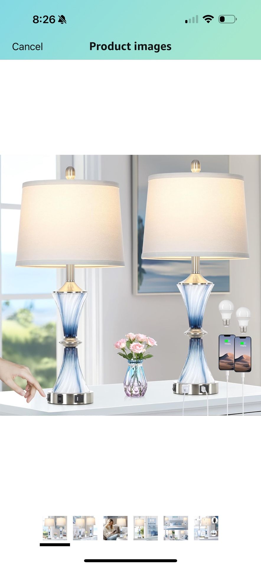 Blue Glass Table Lamp Set of 2 with USB C+A Ports & AC Outlet, Bedside Lamp, Modern Bedroom Lamps, Coastal Lamp for Night Stands Bedroom Living Room,N