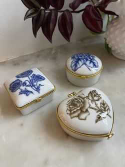 Small Vintage Hand Painted Porcelain Floral Gold Trim Metal Trinket Pill Box