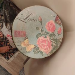 Blue And Cream Round Metal Accent Table. Can Be Used Outdoors Or Indoors