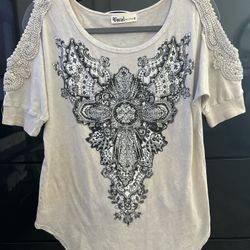 Vocal Womens Crystal Taupe Cross Wings With Open-Shoulder Shirt
