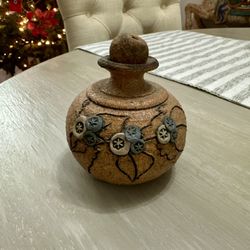 Handmade Carma Signed Studio Pottery Jar w/ Lid Rustic Textured Brown Vase