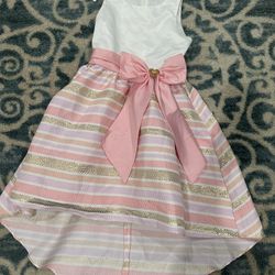 Rare Editions Girls Size 12 Pink  Gold Stripe Bow Special Occasion Dress