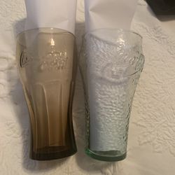 2 Coca Cola Glasses 1 Brown 1 Green