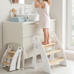 Wooden 3 Step Stool for Kids Bathroom Sink Foldable Anti-Slip