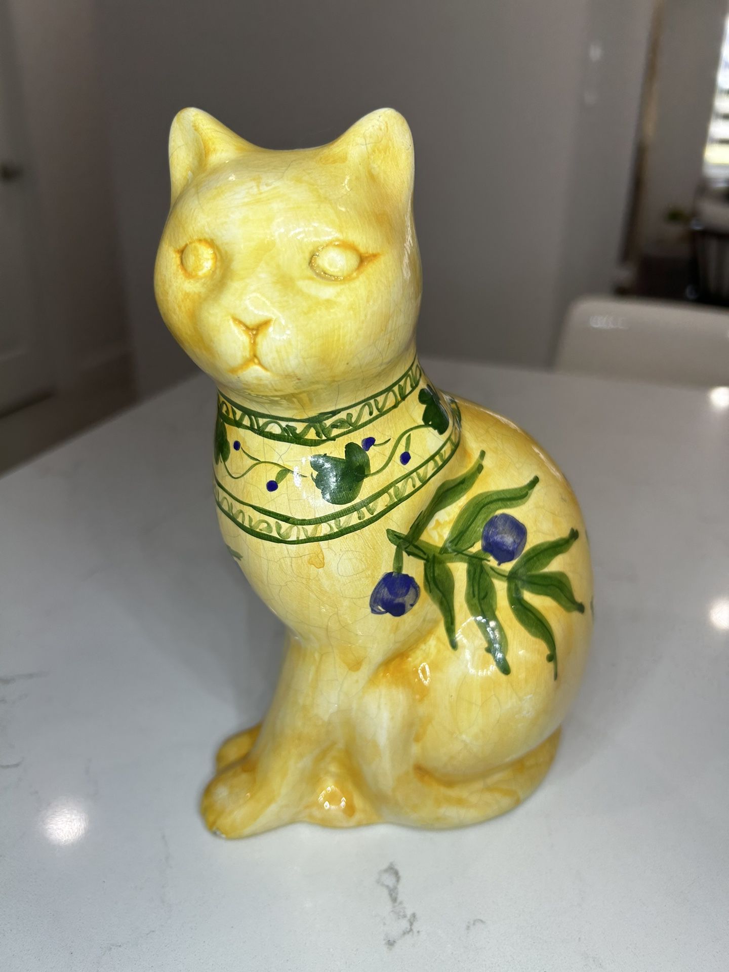  Vintage Ceramic Cat Italian Pottery Yellow Crackled Glazed Siamese Blue Berry Leaves 