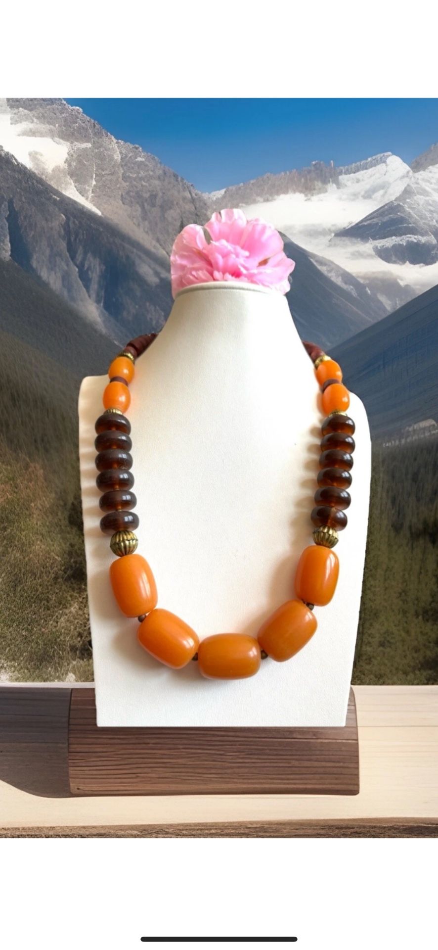 Vintage Ethnic Indo/Tibet Tribal Handmade Amber Bakelite Necklace With Bone & Brass Spacer 23βin & 129 grams