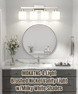 MOKATNG 4-Light Brushed Nickel Vanity Light with Milky White Shades,   Eye-friendly Milk Glass Shade
