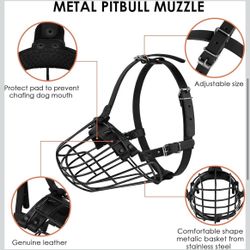 Pitbull Dog Muzzle Metal Mask Amstaff Secure Wire Basket Adjustable Durable Leather Straps for Large Dogs (Black) Regular Price $34.99