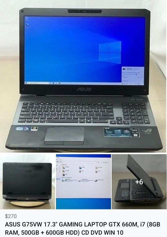 ASUS G75V GAMING LAPTOP I7-3610QM @ 2.30GHz (16GB, 500GB + 600GB HDD) WINDOWS 10 CD DVD BACKLIT KEYBOARD
