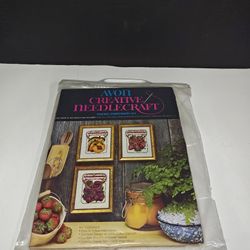 Avon Crewel Embroidery First Prize at the County Fair Peaches Berries Mason Jars