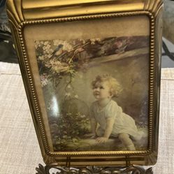 ANTIQUE TREASURE WATER COLOR PICTURE AND ANTIQUE FRAME AND BRONZE MINI PICTURE ART STAND