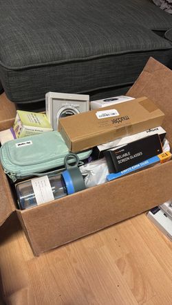 A large box overfilled w/ approx. 100 items for resell/gifts, more than a hundred dollars value