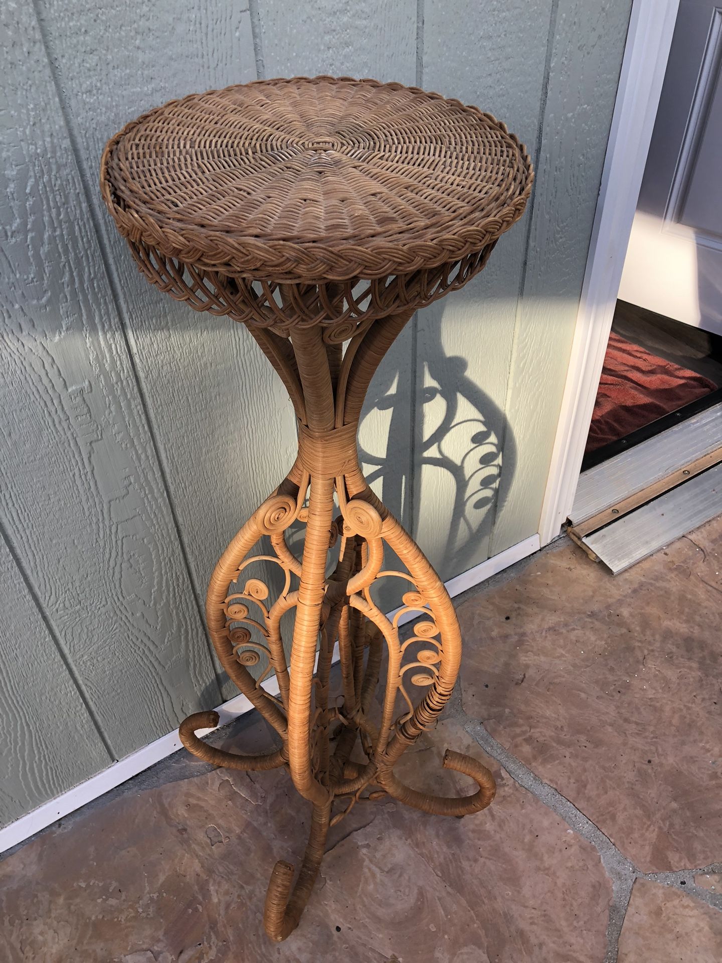 Beautiful Vintage Wicker Rattan Bamboo Plant Stand Victorian Scroll Weave Intricate Tall Stand 