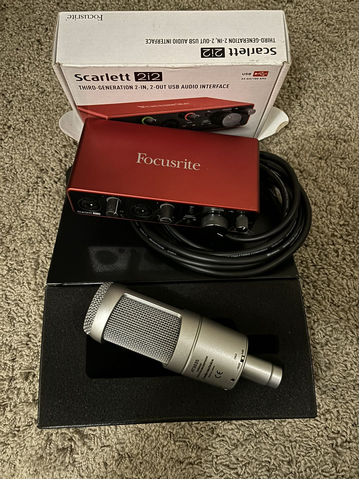 Focusrite Audio Interface W AT. 3035 Mic, Shock mount, Stand & Pop Filter
