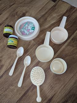 Cabbage patch baby bottle food jars dish spoon s hairbrush