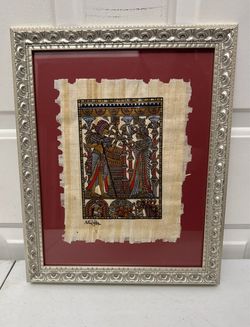 Framed Egyptian Papyrus Wall Art with Ornate Silver-Tone Frame
