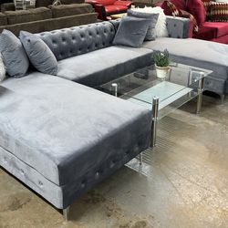 NEW GREY VELVET SECTIONAL WITH FREE DELIVERY