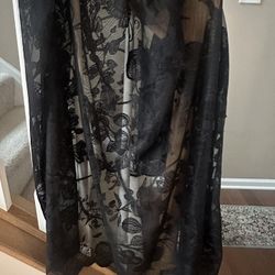 Black Mest Net Embroidered Fabric Tablecloth, Throw. Scalloped + Tassels 54 X 54