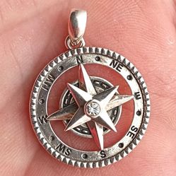 925. Sterling Silver Compass Pendant. Cubic Zirconia