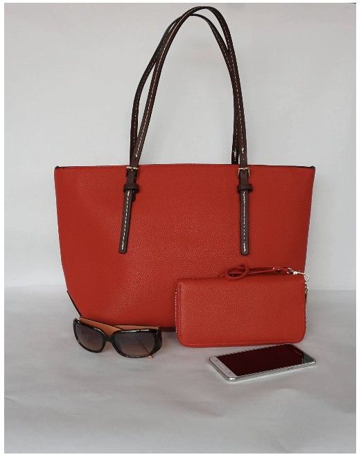 Red Faux Leather/Vegan Tote w/Wristlet Wallet - Set Of Two (2)