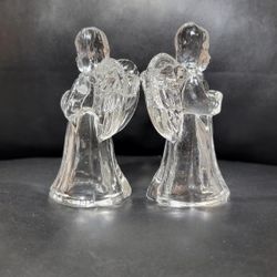 Vintage Set of 2 Clear Glass Angel Holding Book Candle Stick Holder Collectible 