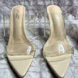 Katliu Clear Strap Pointed Toe Mule Heels - Nude/Beige