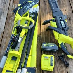 Ryobi 40V pole saw, 16" 'HP' chainsaw, battery, fast charger