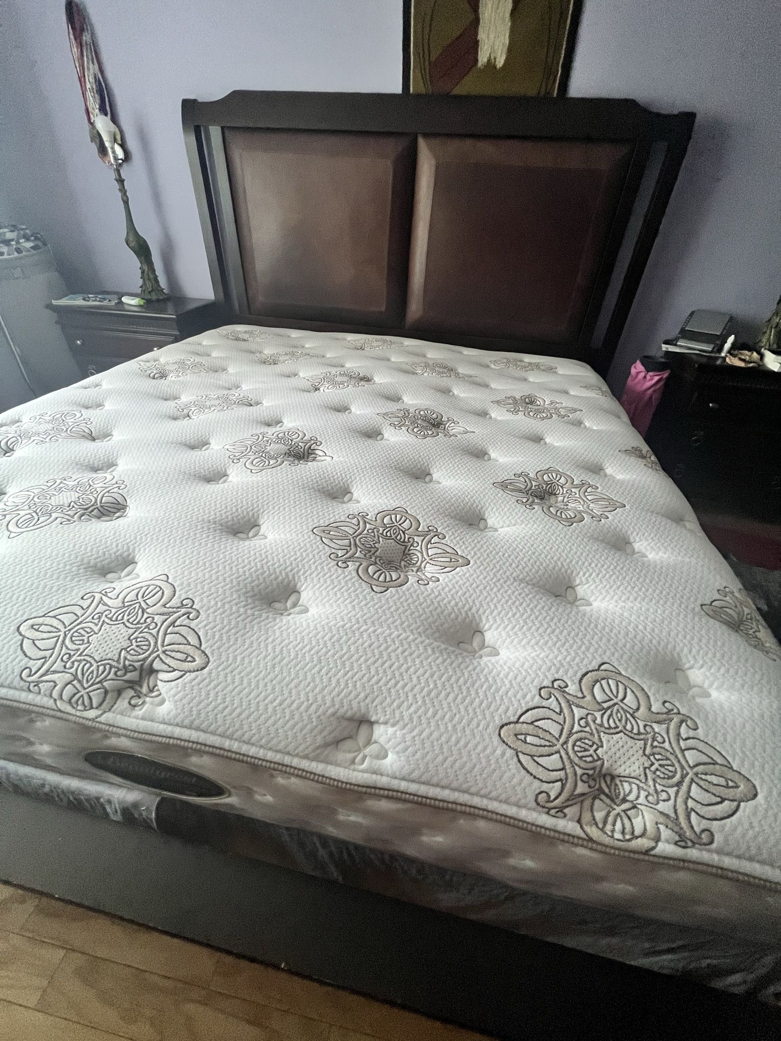 King Bed With Mattress With Two Night Stands And One Dresser And Mirror