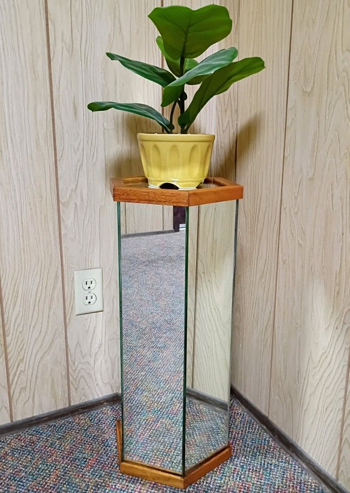 Mid Century Vintage 70s Mirrored Display Plant Stand 24" Hexagon Wood Framed Pedestal 