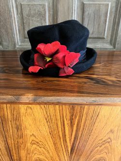 Price Drop - 21” Black Wool hat With Red Flower