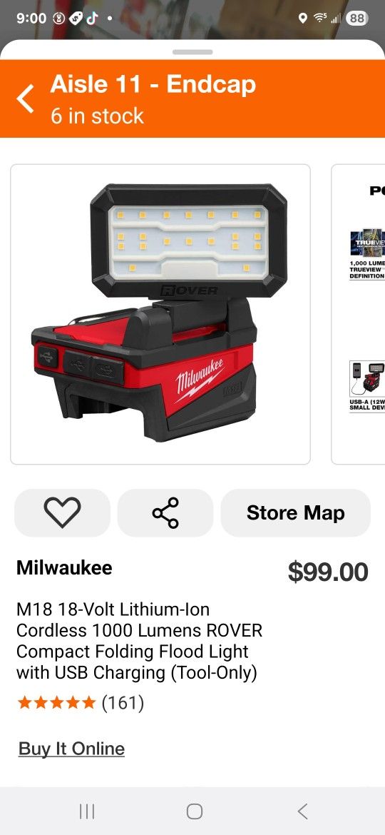 Milwaukee
M18 18-Volt Lithium-Ion Cordless 1000 Lumens ROVER Compact Folding Flood Light with USB Charging (Tool-Only)