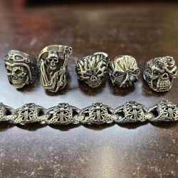 Stainless Steel Bracelet And 5 Rings 