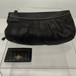 Coach Black Pleated Leather Clutch Handbag + Quilted Card Wallet COA