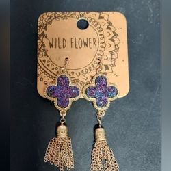 Purple Iridescent Glitter Gold Tone Metal Cross Chain Tassel Earrings Art Boho