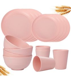 16Pcs Plastic Wheat Straw Dinnerware Set, Reusable Plastic Plate Set for 4, Kitchen Plates And Bowls Set (Pink) Include Dinner Platos, Dessert Platos,