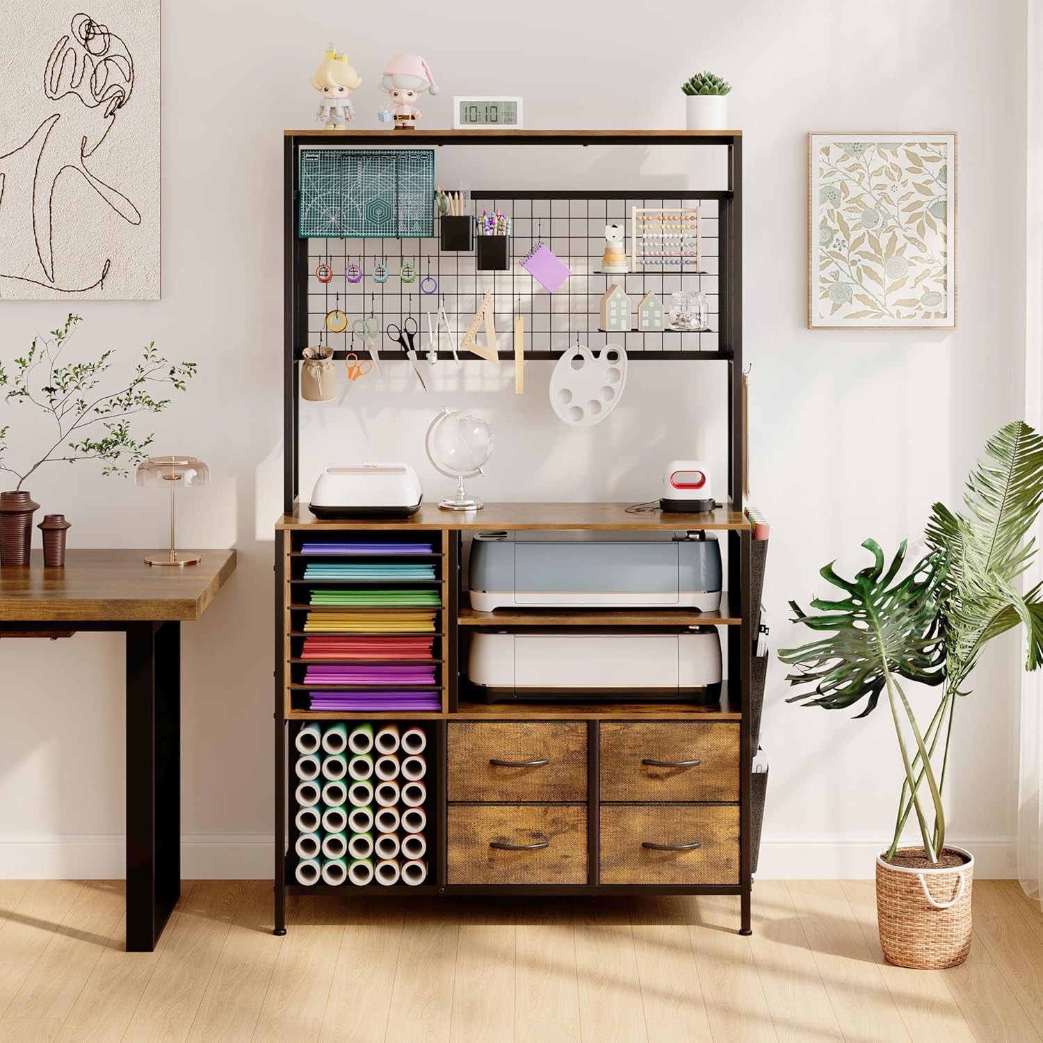 0973 Large Craft Organization and Storage Cabinet Compatible with Cricut Machines, Craft Table with Charging Station Crafting Desk with Tools Accessor