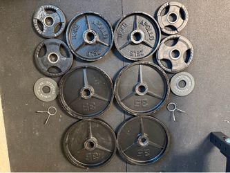 Olympic weights - 225lbs  - Olympic bar bell, Olympic EZ Curl bar adjustable dumbbell set.