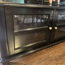 TV Stand Solid Wood Glass Black Divided Inside And Cable Openings