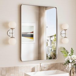 TokeShimi 24x32 Brushed Nickel Bathroom Mirror,Vanity Mirror For Bathroom With Tempered Glass,Rectangle Bathroom Wall Mirror With Aluminum Frame(Horiz