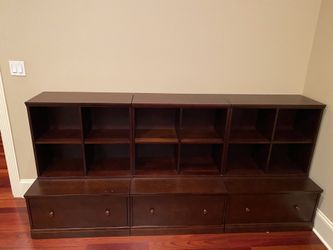 Stackable 6 piece dark cherry shelving unit from Pottery Barn kids playroom
