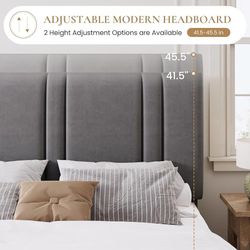 C216 $90  Full Size Velvet Bed Frame with Adjustable Headboard, Grey Vertical Channel Tufted Design, Upholstered Platform Bed, Wood Slats Support/No B