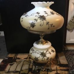 Vintage Milk Glass Hurricane GWTW Lamp With Applied Brass Floral Design Huge 25” Stunning 