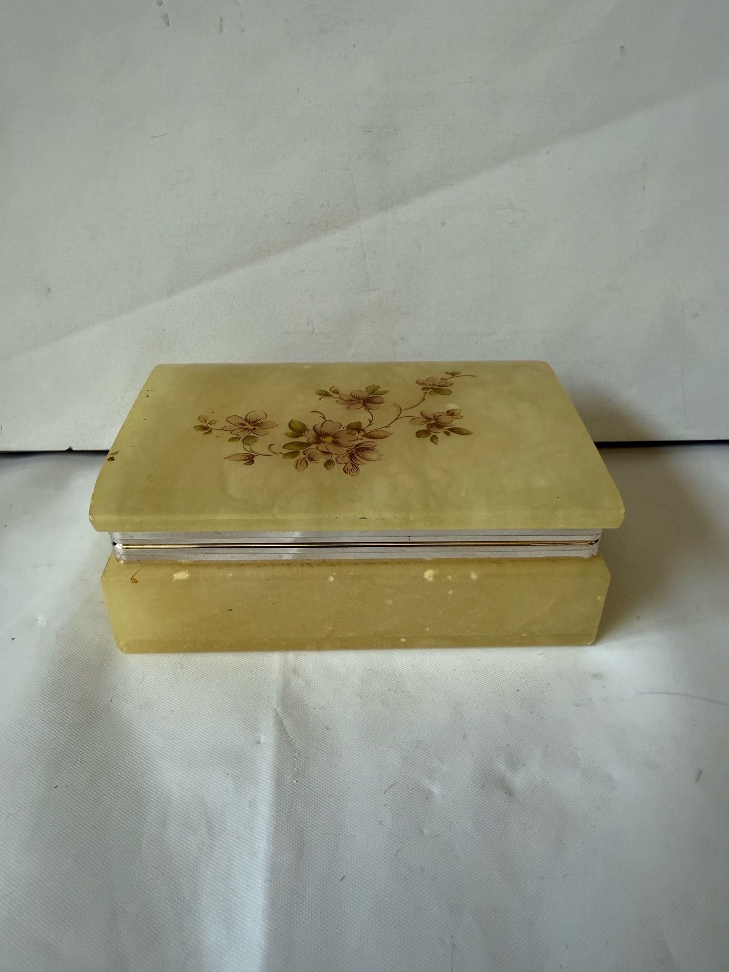 Vintage Hinged Yellow Alabaster Stone Jewelry/Trinket Box with Floral Design Made in Italy