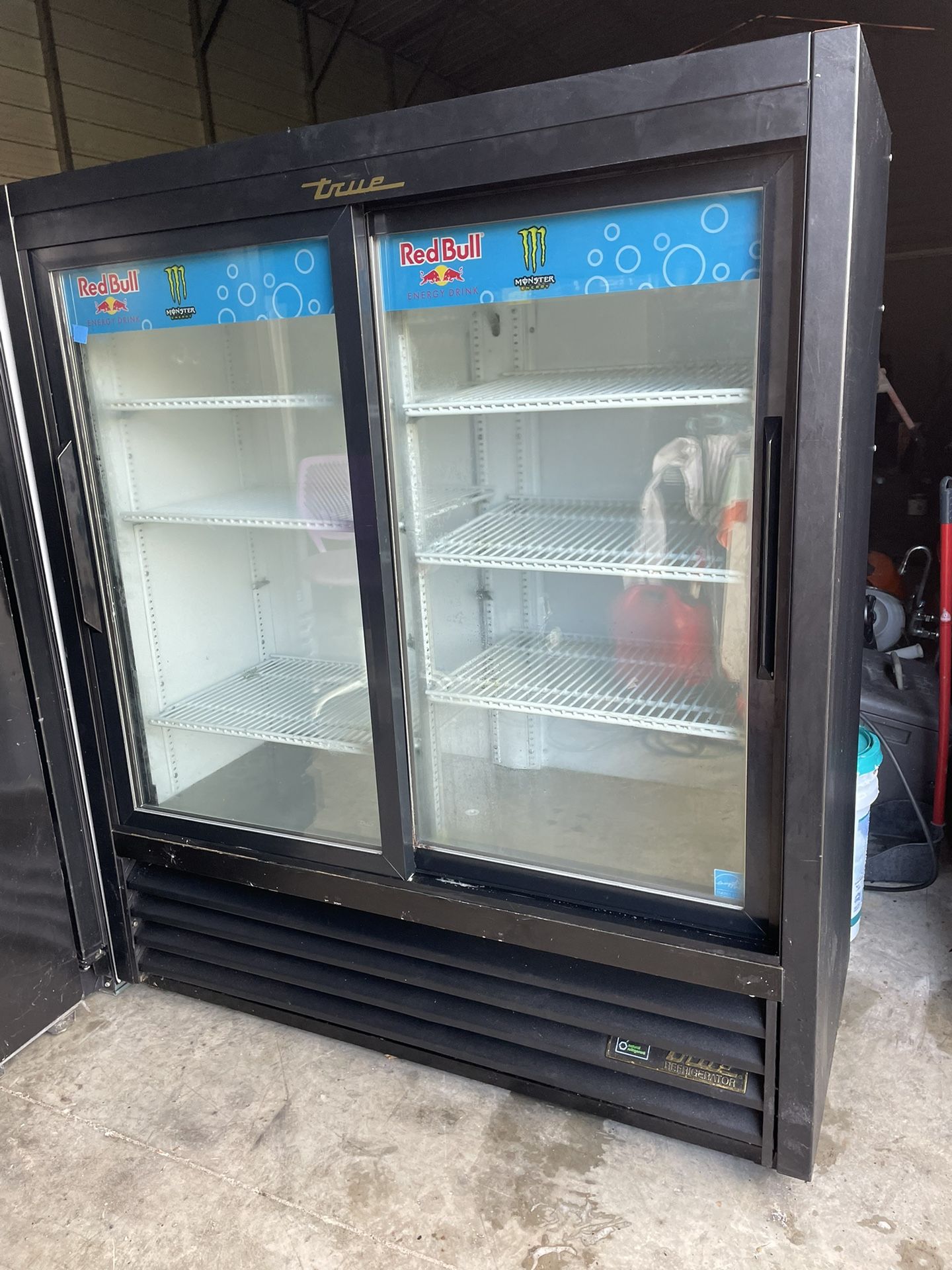 TWO DOOR GLASS COOLER 48”WIDTH 54”HEIGHT 21” DEPTH BRAND TRUE” NEW MODEL LED LIGHTS ALMOST NEW !!