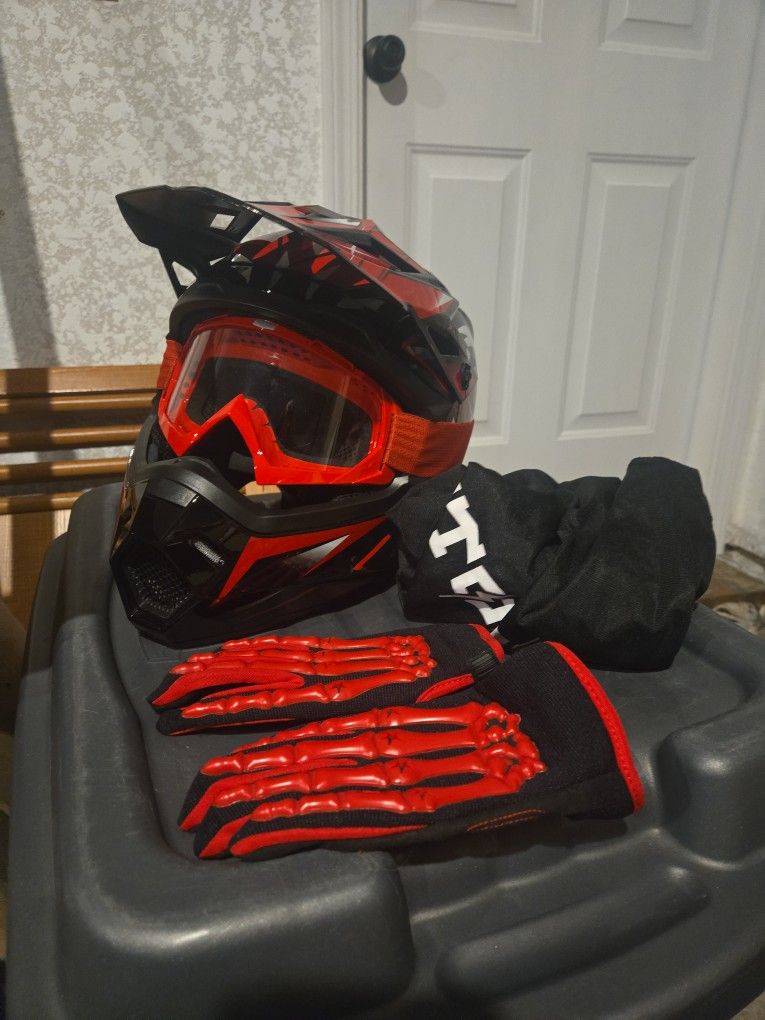 Red Dirt Bike Helmet With Gloves