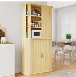 Kitchen Pantry with Sliding Doors, Tall Modern Curved Pantry Storage Cabinets with Drawer & Pull Out Shelves, 64" Freestanding Wood Cupboard for Kitch