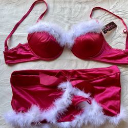 New W/Tag- Sexy Christmas Intimate/Lingerie- Bra And Thong Panty/Skirt Set-size 36B Bra/Bottom Is Medium